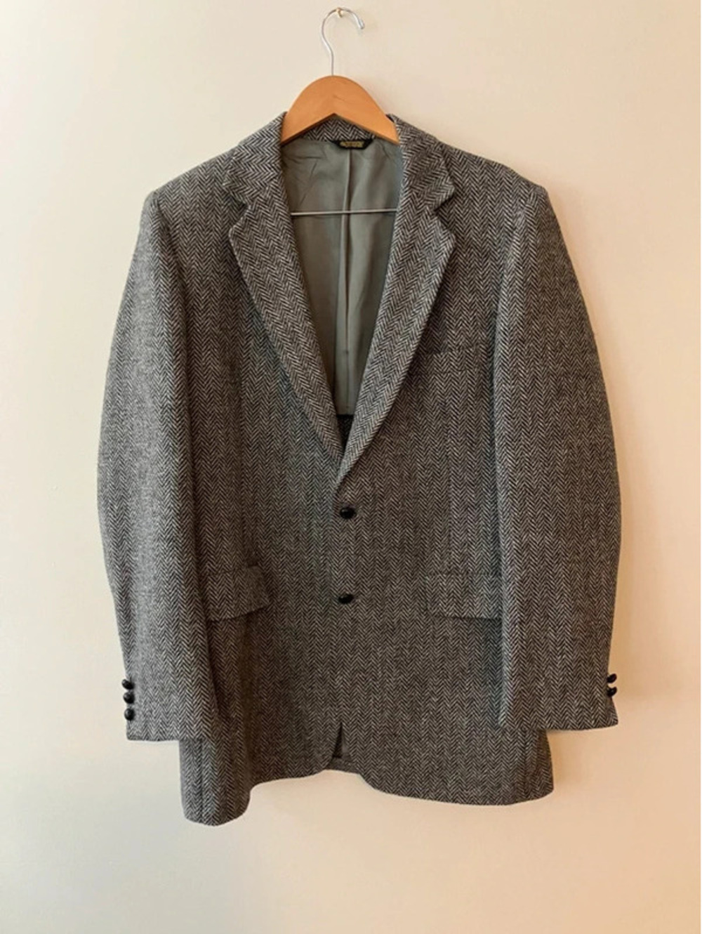 Vintage Mens 42XL Herringbone Tweed Sport Coat Grey Black Pure Wool Jacket